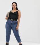 Boohoo Plus High Waisted Mom Jeans In Mid Wash Blue - Blue