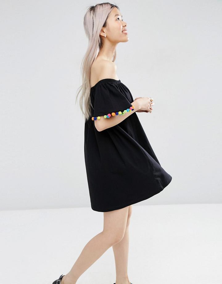Asos Off Shoulder Swing Sundress With Bright Pom Poms - Black