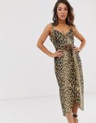 Asos Design Wrap Maxi Dress With Buckle Belt In Leopard Print - Multi