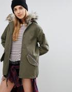 Brave Soul Parka With Faux Fur Trim Hood And Tape Details - Green