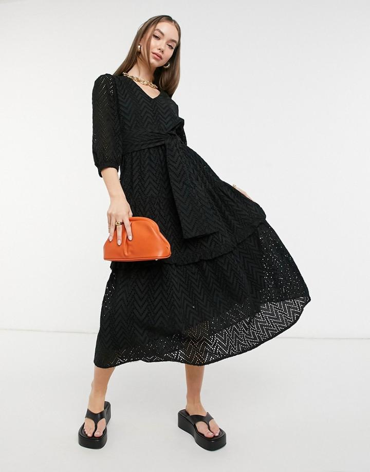 Selected Femme Organic Cotton Midi Dress In Black Chevron Eyelet