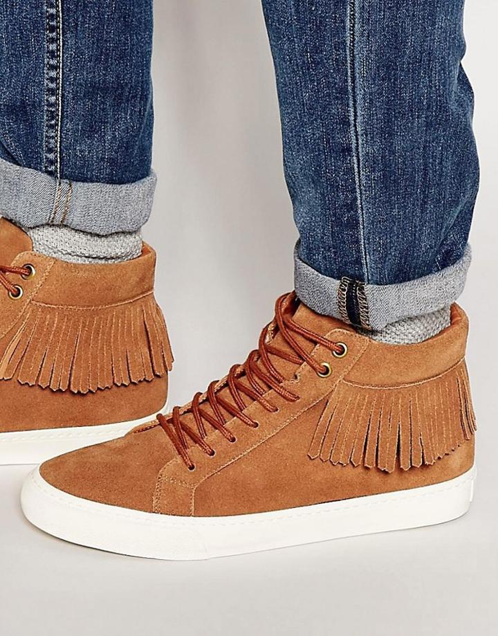 Walk London Suede Fringed Hi Top Sneakers - Tan