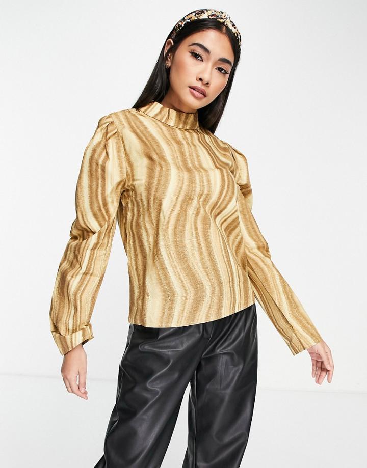 Na-kd Puff Sleeve Printed Blouse In Beige-neutral