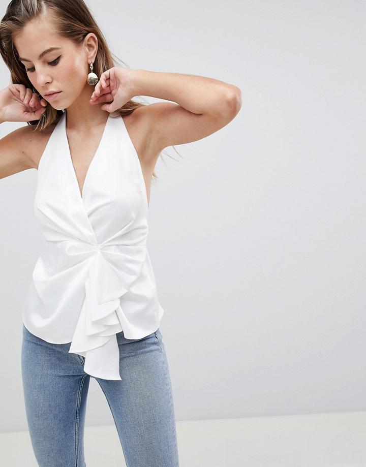 Asos Design Halter Top With Origami Plunge - White