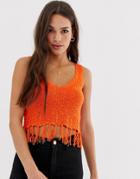 Asos Design Slub Knit Tank With Fringing - Orange