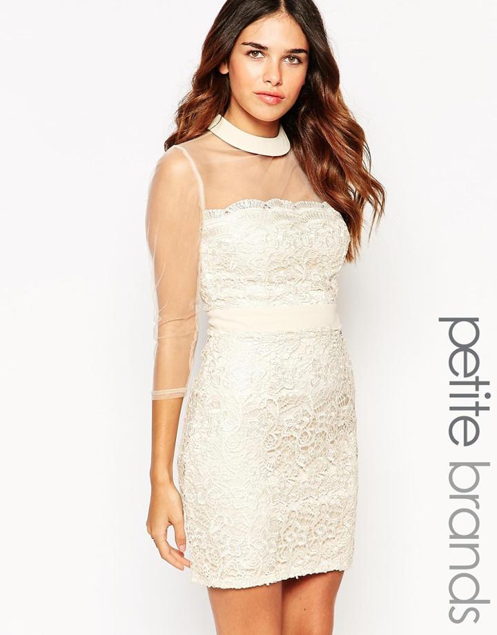 Little Mistress Petite Shift Dress With Sheer Sleeves - Beige