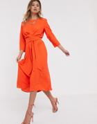 Asos Design Tie Wrap Around Midi Skater Dress - Orange