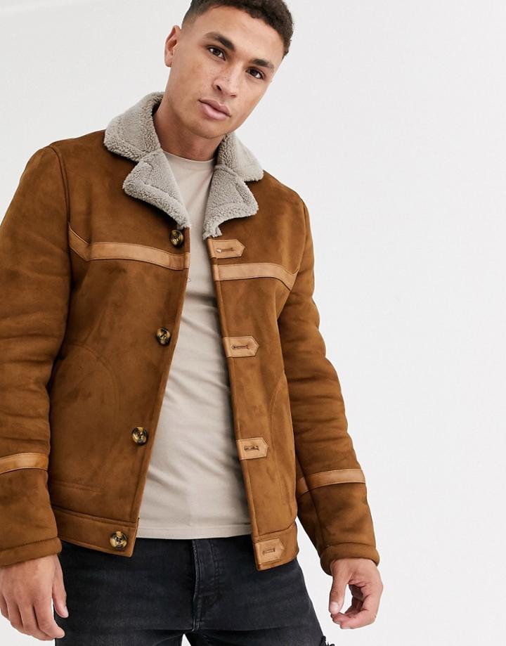 River Island Faux Suede Jacket With Fleece Collar-tan