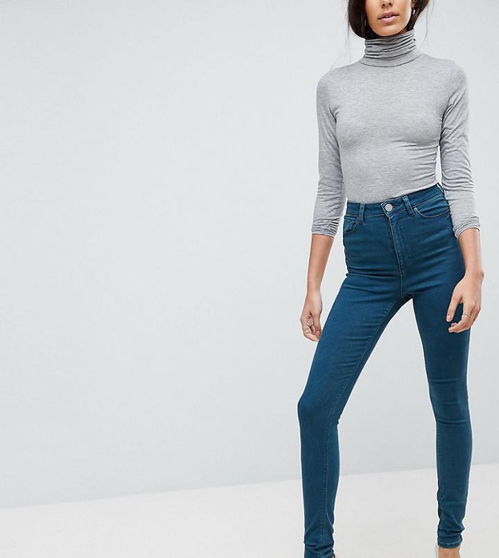 Asos Tall Ridley High Waist Skinny Jeans In Delyth Green Cast - Blue