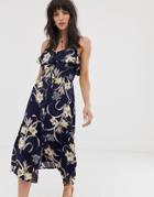 Band Of Gypsies Ruffle Front Button Down Midi Dress In Navy Floral Print - Navy