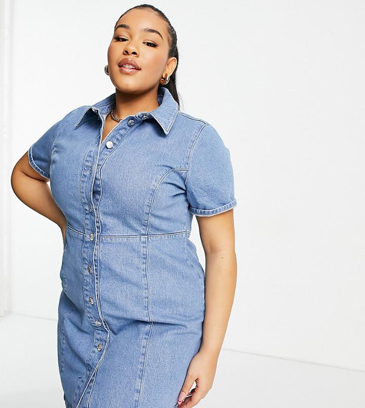 Asos Design Curve Denim Fitted Shirt Dress With Short Sleeves In Midwash-blues