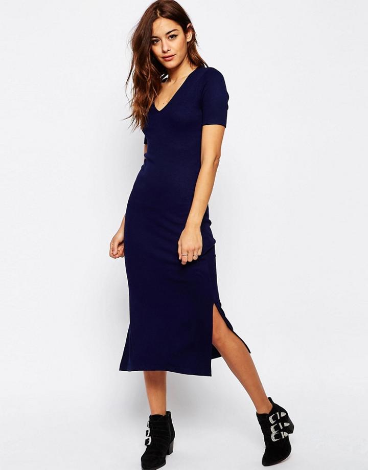 Asos Ribbed T-shirt Midi Dress With V-neck - Navy