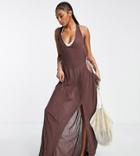 Asos Design Tall Halter Cut Out Side Maxi Beach Dress In Brown