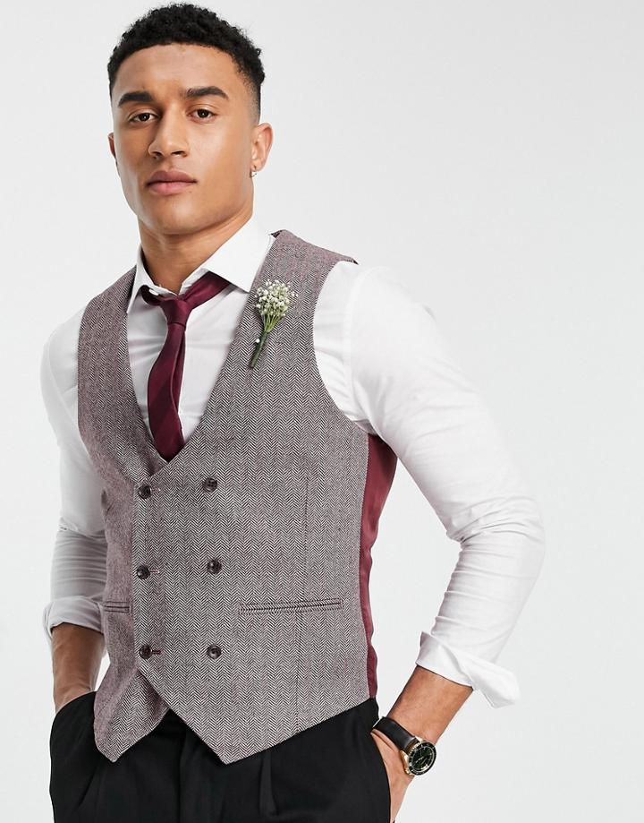 Harry Brown Wedding Slim Fit Tweed Double Breasted Wool Mix Vest-red