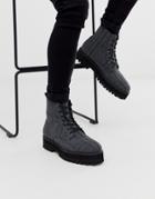 Asos Design Lace Up Boots In Check With Raised Chunky Black Sole-gray