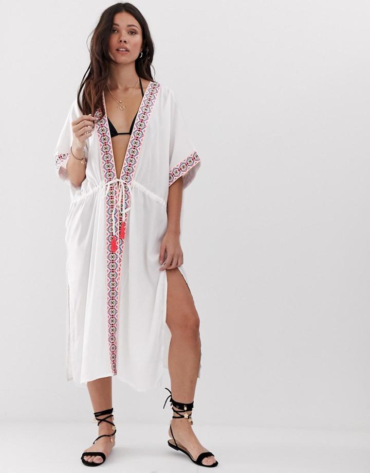 Anmol Embroidered Trim Longline Beach Kimono - White