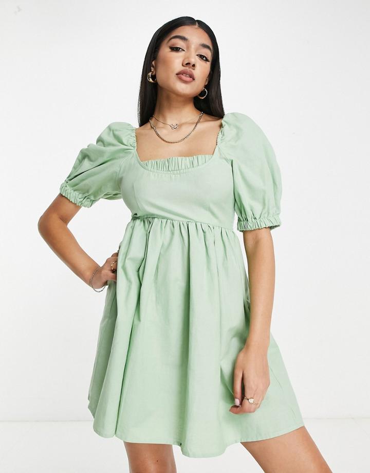 Asos Design Mini Smock Dress With Shirred Back In Light Khaki-green