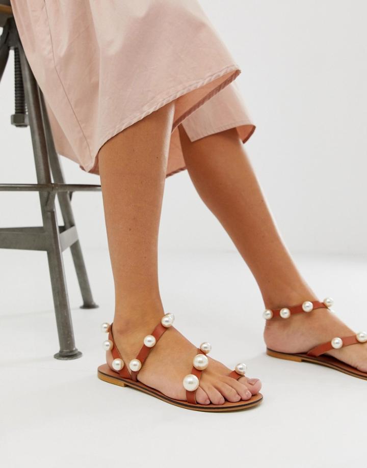 Asos Design Fare Leather Pearl Flat Sandals-tan