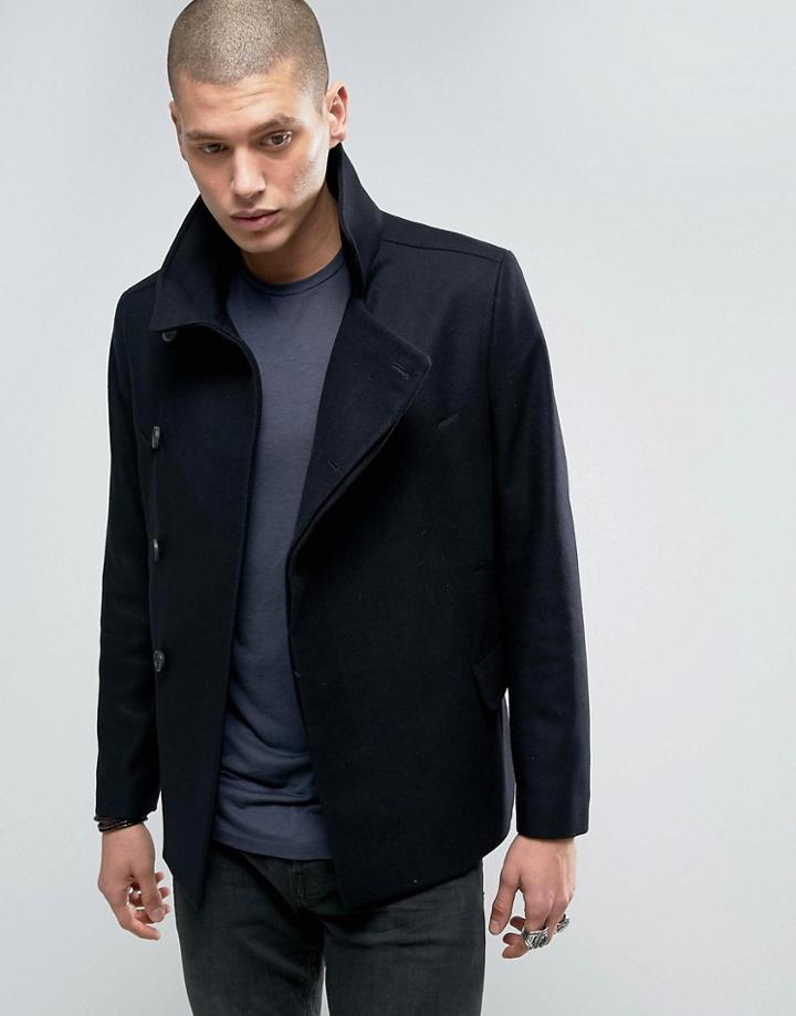 Allsaints Double Breasted Peacoat Jacket - Navy