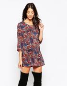 Diya Folk Print 3/4 Sleeve Shift Dress
