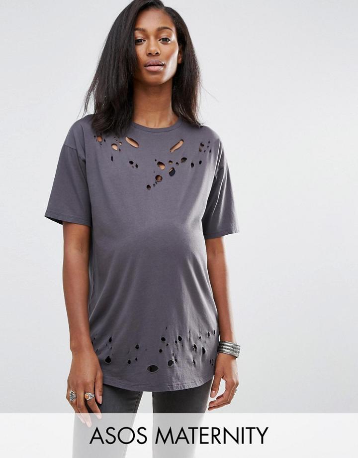 Asos Maternity T-shirt In Boyfriend Fit With Distressed Detail And Nibbling - Gray