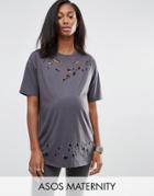 Asos Maternity T-shirt In Boyfriend Fit With Distressed Detail And Nibbling - Gray