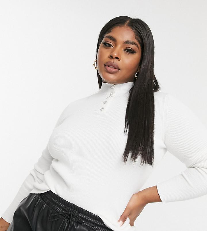 Vero Moda Curve Ribbed High Neck Top With Crystal Buttons In White