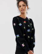 Asos Design Sweatshirt With Floral Embroidery - Black