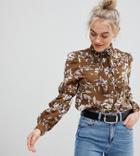 Parisian Petite Floral Print Bussy Bow Blouse - Green