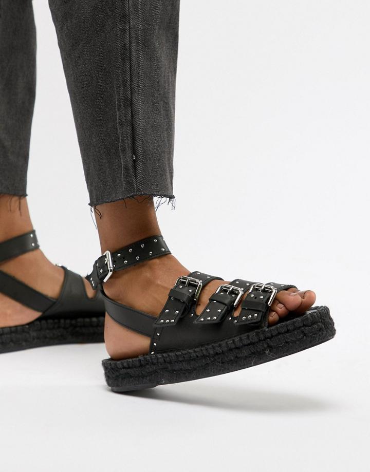 Asos Design Jaffia Premium Leather Studded Gladiator Espadrilles - Black