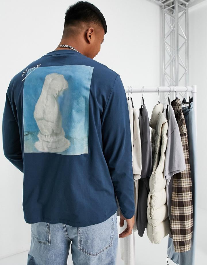 Asos Design Van Gogh Multi Print Long Sleeve T-shirt In Blue-blues