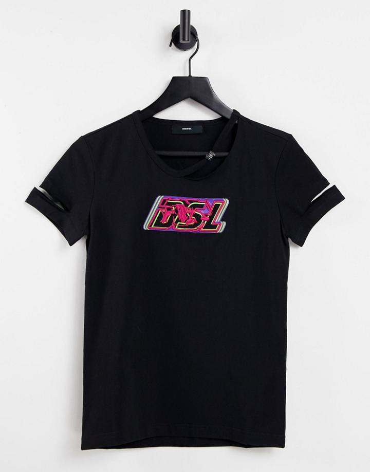 Diesel Cut Out Sleeve Graphic A2 T-shirt In Black