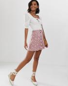 Asos Design Button Front Mini Skirt In Pink Floral Print - Multi