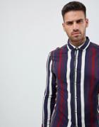 Asos Design Skinny Stripe Shirt In Navy & Burgundy