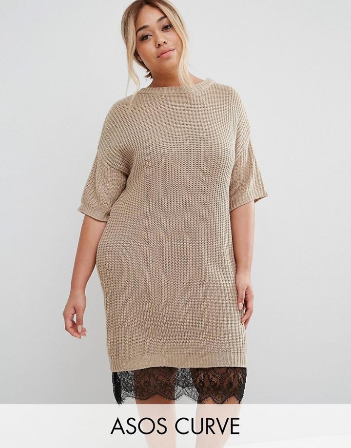 Asos Curve Sweater Dress With Lace Hem - Beige