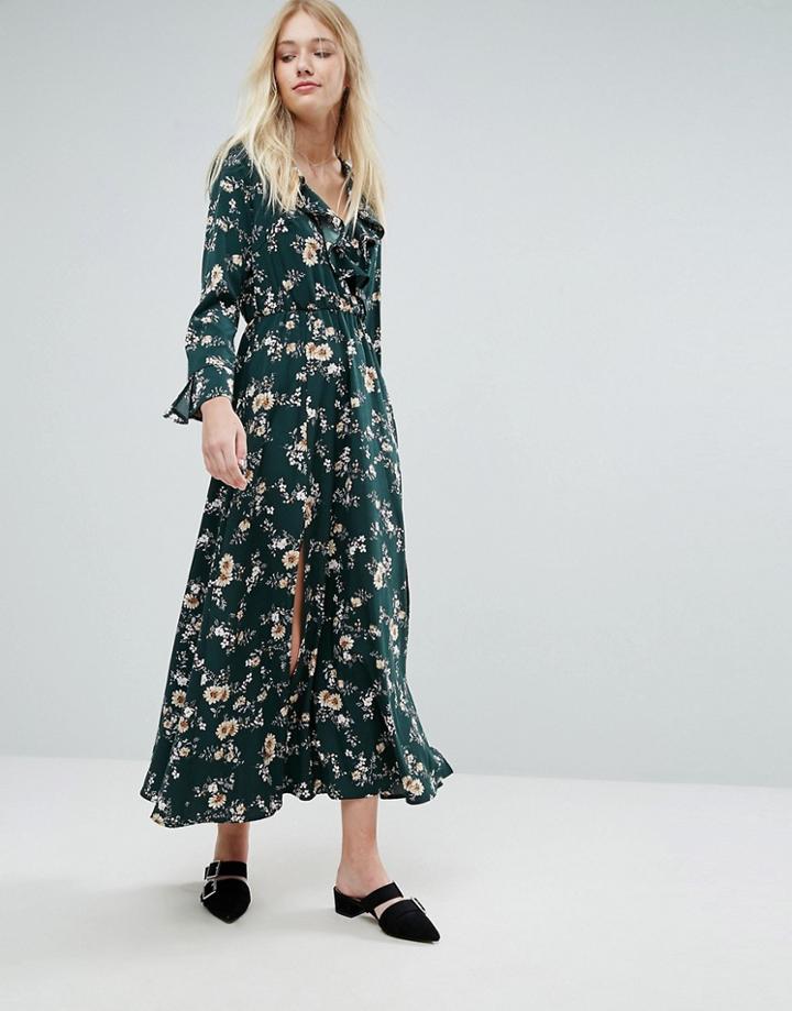 Liquorish Floral Print Wrap Maxi Dress - Green