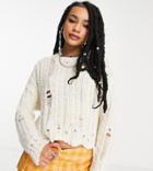 Asos Design Petite Sweater With Cable And Ladder Stitch In Cream-white