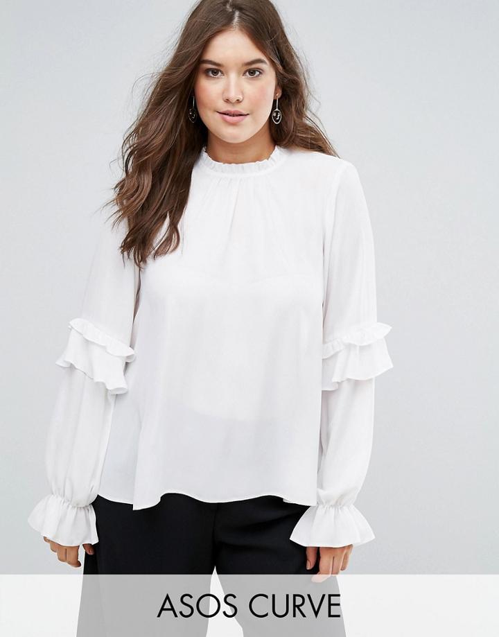 Asos Curve Pie Crust Ruffle Sleeve Blouse - White