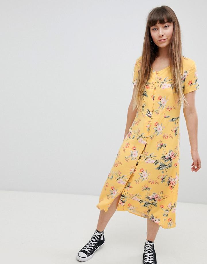 New Look Button Front Tea Midi Dress - Yellow