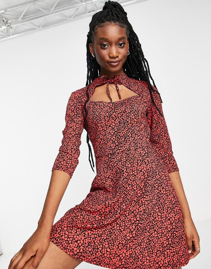 Miss Selfridge Tie Neck Fit & Flare Mini Dress In Red Animal