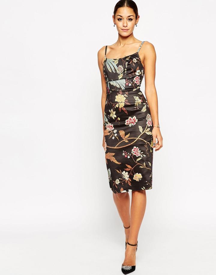 Asos Hitchcock Midi Pencil Dress In Bird Print - Multi