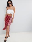 Boohoo Mixed Stripe Wrap Midi Skirt - Red