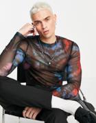 Asos Design Muscle Long Sleeve T-shirt In Tie Dye Print Power Mesh-multi