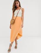 Asos Design Soft Asymmetric Wrap Midi Skirt-orange