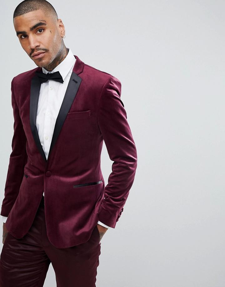Asos Design Super Skinny Blazer In Burgundy Velvet - Red