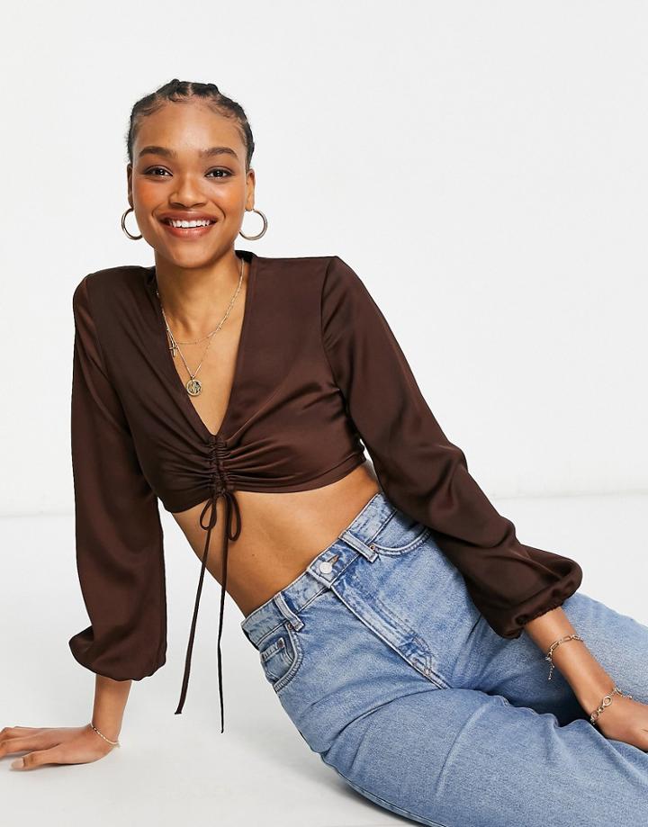 Asos Design Long Sleeve Satin Top With Ruched Detail In Chocolate Set-brown
