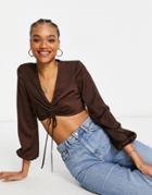 Asos Design Long Sleeve Satin Top With Ruched Detail In Chocolate Set-brown