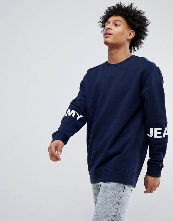 Tommy Jeans Essential Band Sleeve Logo Crewneck Sweatshirt In Navy - Navy