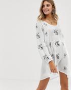 En Creme Floral Embroidered Smock Dress With Cut Out Back Detail - White