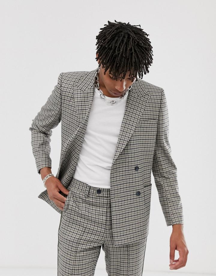 Asos Design Double Breasted Boxy Suit Jacket In Stone With Green And Blue Houndstooth - Stone